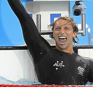 Ian Thorpe of Australia reacts after winning the 200m freestyle at the 2004 Olympic Games Monday, August 16 2004 in Athens, Greece. (AP Photo/Mark Baker)