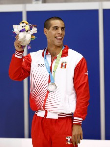 Jul 14, 2015; Toronto, Ontario, CAN; Mauricio Fiol of Peru celebrates after placing second in the men's 200m butterfly swimming final during the 2015 Pan Am Games at Pan Am Aquatics UTS Centre and Field House. Mandatory Credit: Rob Schumacher-USA TODAY Sports