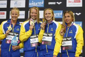 Michelle COLEMAN, Magdalena KURAS, Louise HANSSON and Sarah SJOESTROEM of Sweden pose with their Gold medals after winning the women´s 4x100m Freestyle Relay Final during the LEN European Swimming Championships at Europa-Sportpark in Berlin, Germany, Monday, Aug. 18, 2014. (Photo by Patrick B. Kraemer / MAGICPBK)